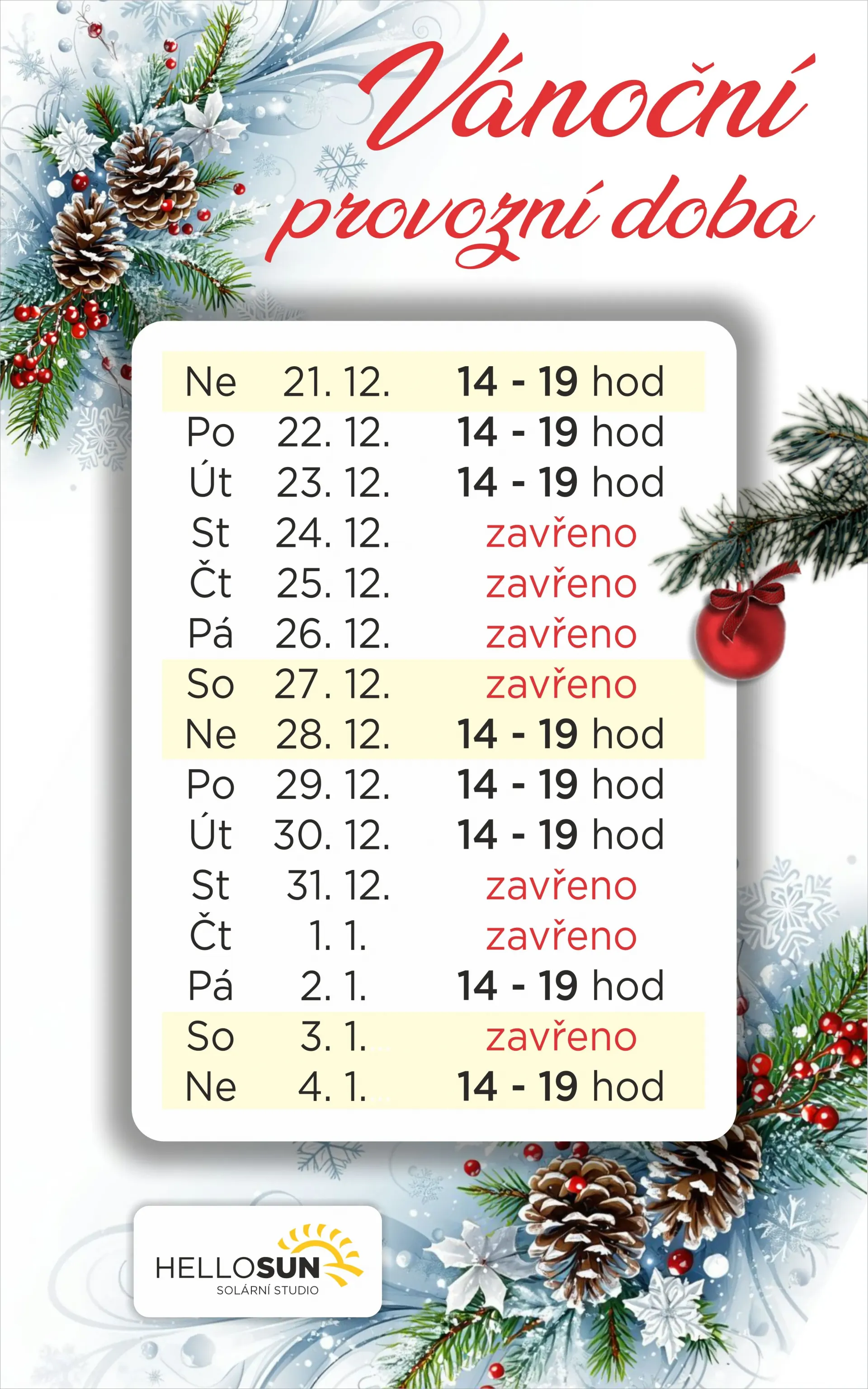 VÁNOČNÍ PROVOZNÍ DOBA